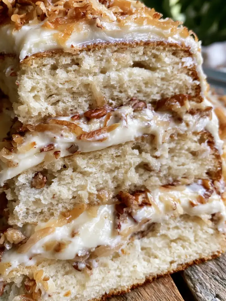 Pastel de crema italiano: La receta definitiva de tres capas con coco y nueces 1 Vista superior de un pastel de crema italiano decorado con nueces tostadas y coco bajo luz natural cálida.