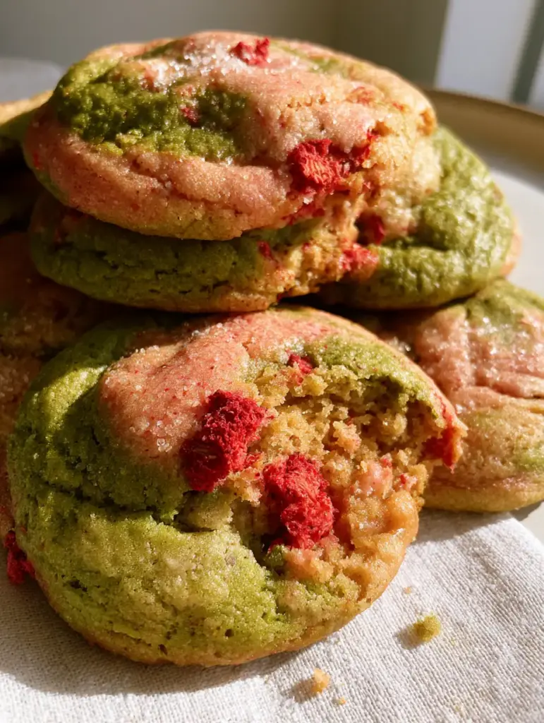 Galleta de fresa matcha partida a la mitad revelando un interior suave y tierno bajo luz de ventana.