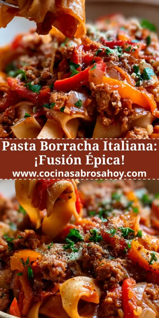Plato rústico de pasta borracha con pappardelle, trozos de salchicha dorada, pimientos rojos y perejil fresco en una salsa vibrante.