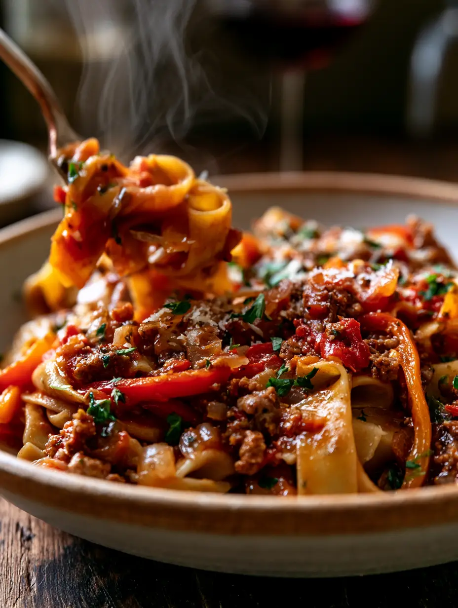 Primer plano detallado de pasta borracha humeante con cintas de pappardelle bañadas en salsa naranja y trozos de salchicha.