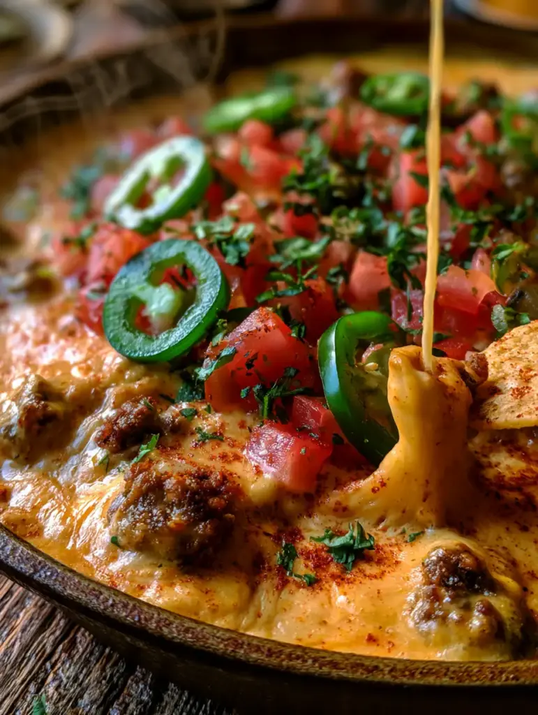 Detalle de totopo sumergiéndose en dip vaquero caliente con capas de queso y carne.