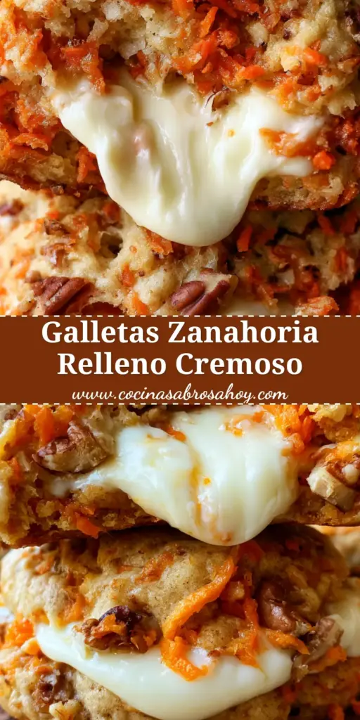 Galletas de Zanahoria Rellenas de Crema de Queso: El Bocado Más Cremoso y Especiado 3 Primer plano de galletas de zanahoria doradas con una pecana entera encima, mostrando una textura crujiente y deliciosa.