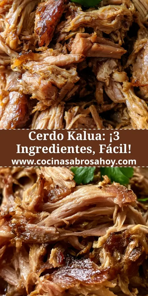 Primer plano de cerdo kalua deshebrado en un tazón rústico con cilantro y un tenedor de plata.