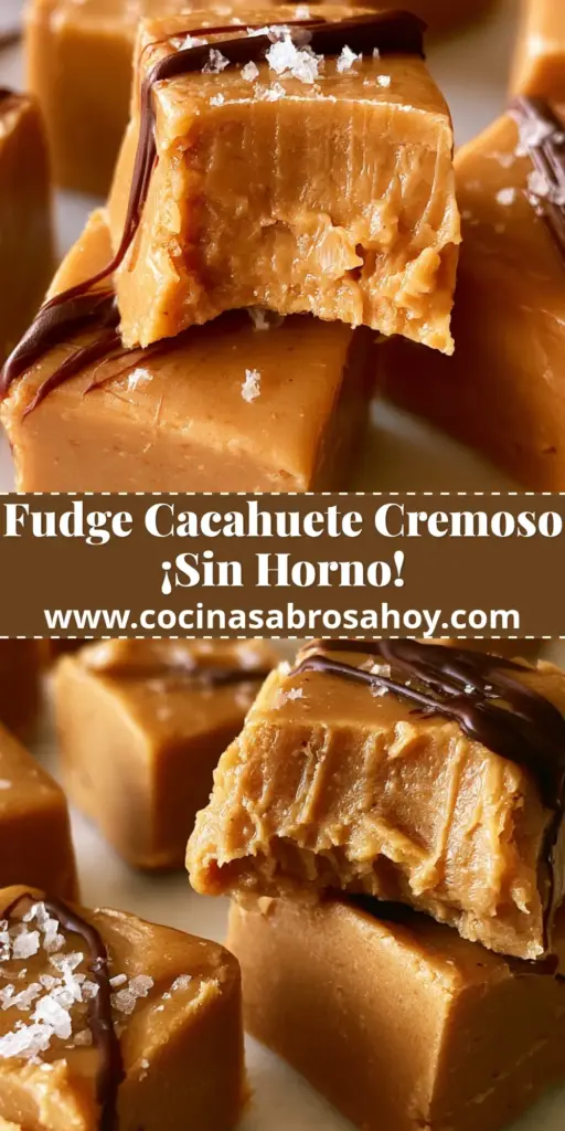 Primer plano de cuadrados de fudge de cacahuete apilados sobre madera con un suave hilo de crema de cacahuete por encima.