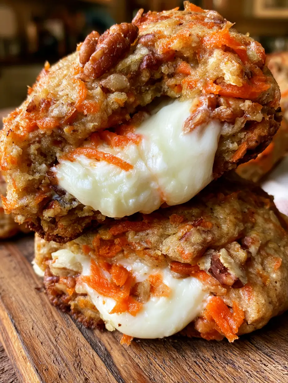 Galletas de Zanahoria Rellenas de Crema de Queso: El Bocado Más Cremoso y Especiado 4 Pila de tres galletas de zanahoria doradas con una partida a la mitad revelando un relleno de crema de queso brillante y fundente.