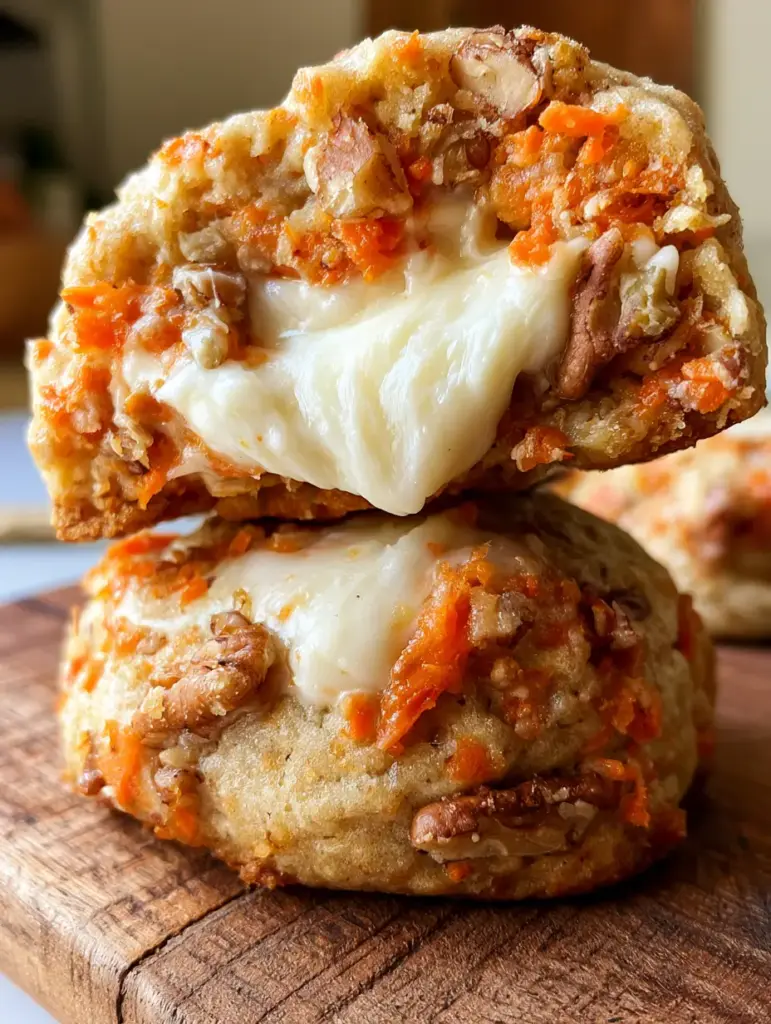 Galletas de Zanahoria Rellenas de Crema de Queso: El Bocado Más Cremoso y Especiado 1 Vista de cerca de las galletas de zanahoria donde se aprecian los trozos de zanahoria naranja y las pecanas tostadas en la masa.