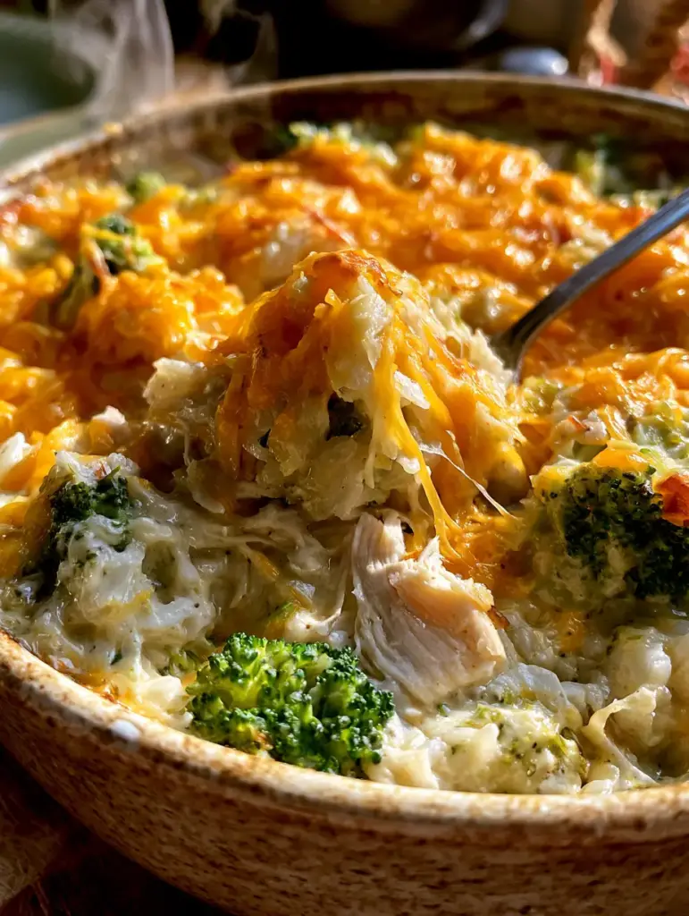 Cazuela de pollo recién salida del horno con vapor y queso cheddar dorado.