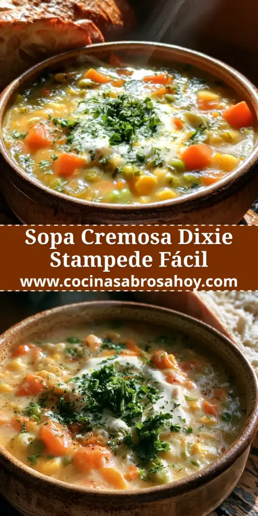 Primer plano de una sopa de verduras cremosa con remolino de nata y pan artesanal rústico.