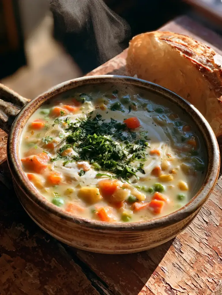 Detalle de los granos de maíz y guisantes en una sopa de verduras rica y espesa.