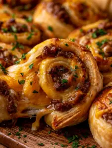 Macro de la superficie dorada y crujiente de los rollitos de hamburguesa con trozos de perejil y mantequilla brillante.