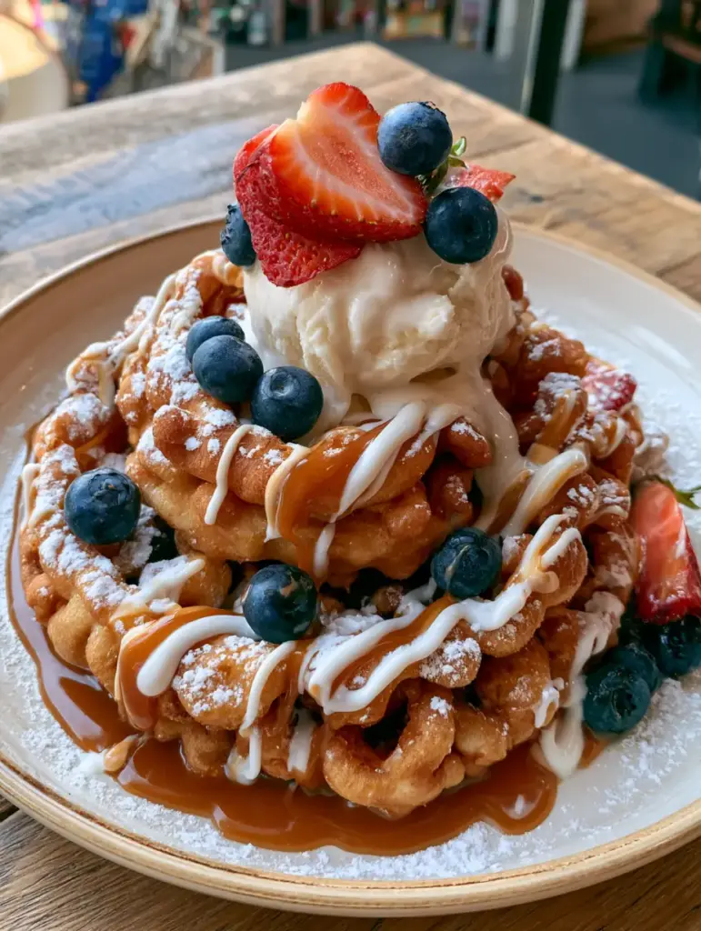 Sundae de funnel cake con helado de vainilla, compota de bayas y crema batida.