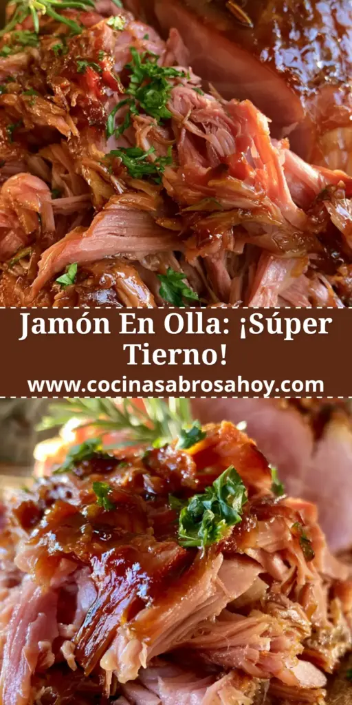 Jamón en olla presión glaseado con piña y azúcar morena sobre tabla de madera rústica.