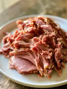 Vista superior de jamón en olla presión suculento con hebras separadas y glaseado sabroso.