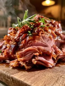 Primer plano de jamón en olla presión mostrando fibras de carne tiernas y glaseado brillante.