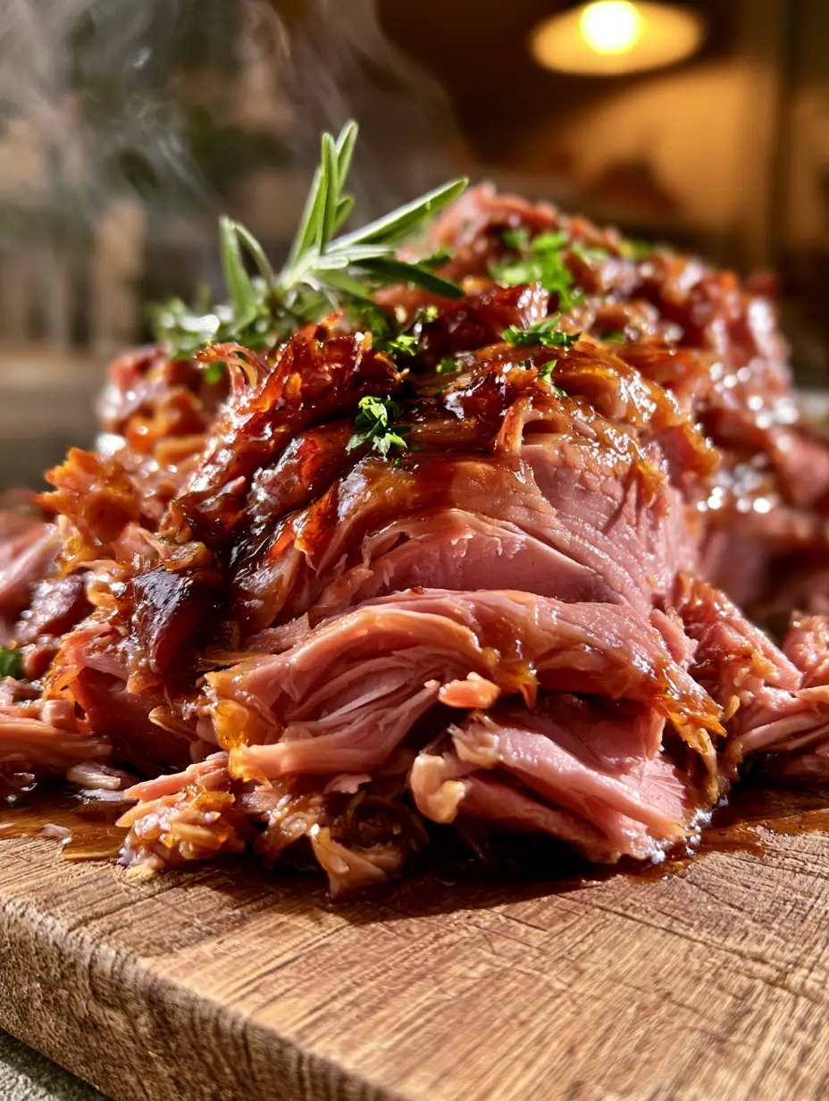 Primer plano de jamón en olla presión mostrando fibras de carne tiernas y glaseado brillante.