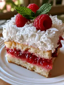 Primer plano hiperrealista de una rebanada de pastel de frambuesa mostrando la textura de la gelatina y la crema batida.