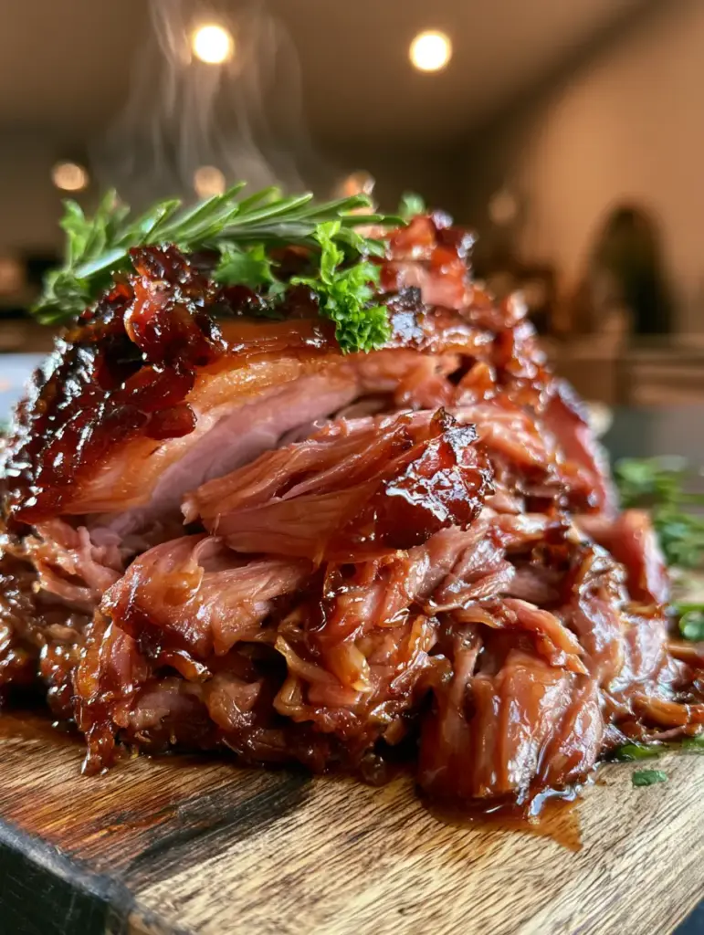 Detalle de los bordes caramelizados y crujientes del jamón en olla presión.