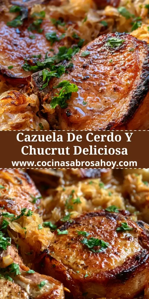 Primer plano de una cazuela de chuletas cerdo burbujeante con chucrut, papas asadas y perejil fresco.