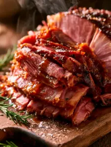 Vista superior de jamón en olla presión desmenuzado con jugos naturales y romero fresco.