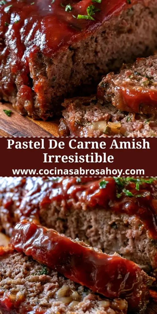 Rebanadas de pastel de carne amish con glaseado brillante de tomate y perejil fresco sobre tabla de madera.