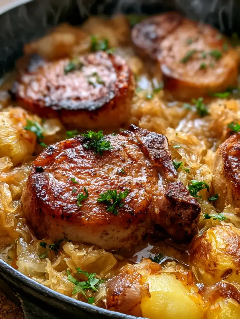 Detalle de las papas doradas y el vapor saliendo de una cazuela de chuletas cerdo recién horneada.