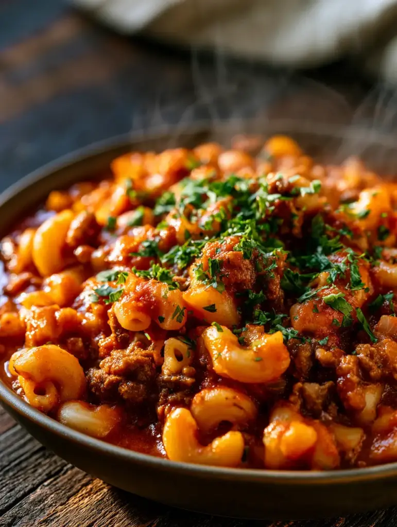 Detalle de la salsa de tomate espesa y los tomates jugosos en un plato de goulash sureño.