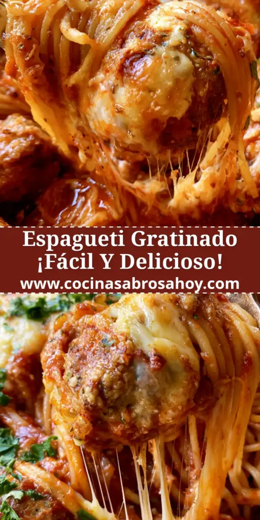 Plato rústico de espagueti con albóndigas recién salido del horno con queso mozzarella derretido y perejil fresco.