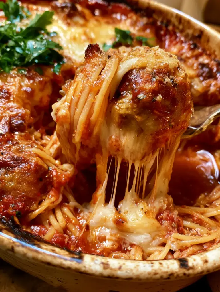 Detalle de albóndigas jugosas y salsa marinara burbujeante entre hebras de espagueti.
