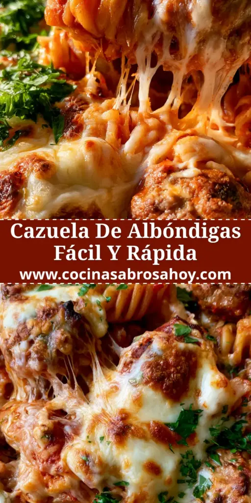 Cazuela de albóndigas: La cena de pasta al horno más reconfortante y fácil de preparar 4 Primer plano de una cazuela de albóndigas con pasta rotini y un increíble hilo de queso mozzarella derretido siendo levantado con una cuchara.