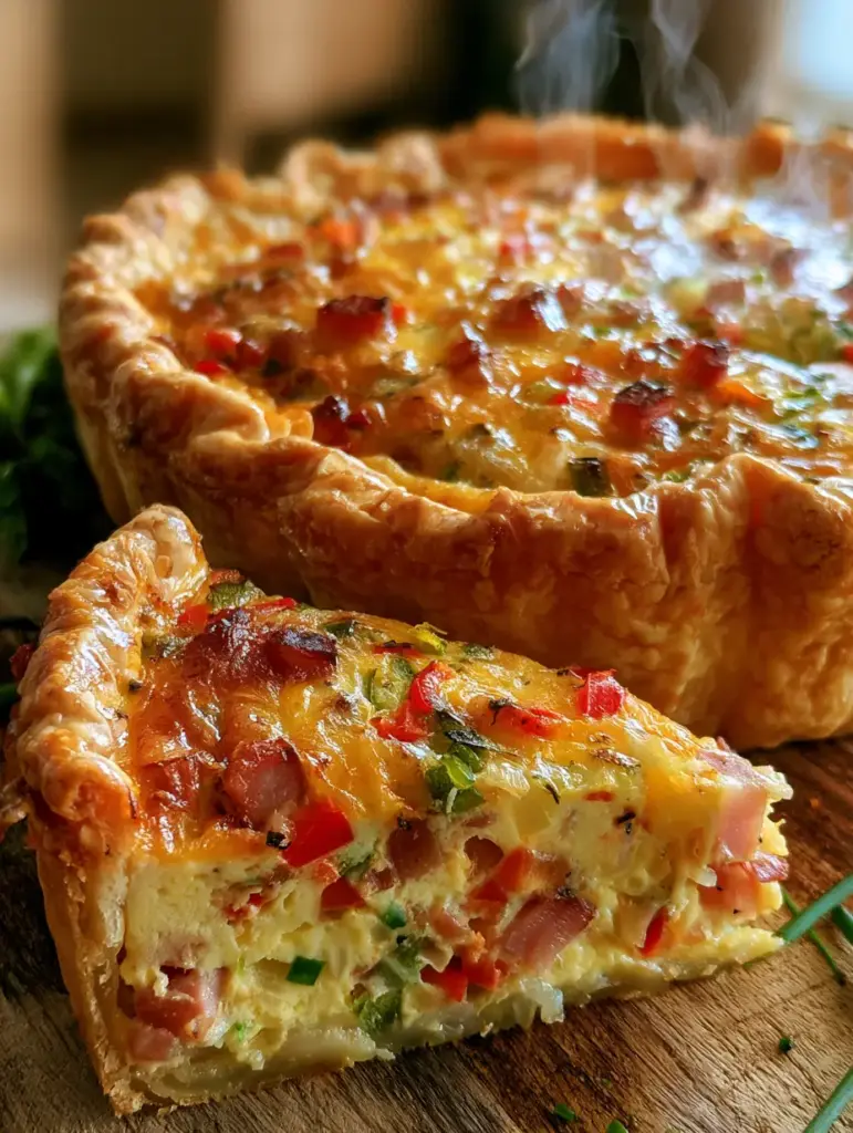 Vista superior de una quiche omelette recién horneada con bordes dorados y trozos de pimiento rojo y verde. (quiche omelette)