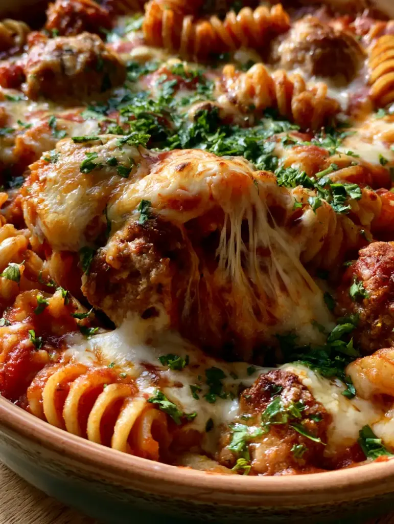Cazuela de albóndigas: La cena de pasta al horno más reconfortante y fácil de preparar 2 Vista superior de una cazuela de albóndigas burbujeante en una fuente blanca con perejil fresco espolvoreado.