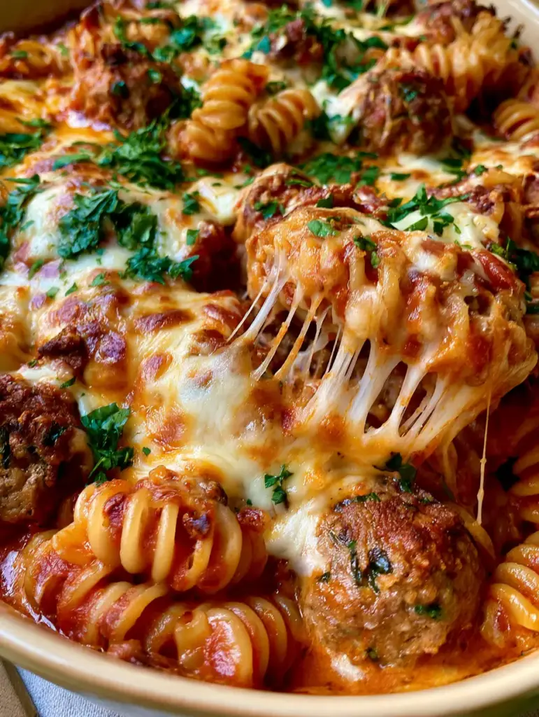 Cazuela de albóndigas: La cena de pasta al horno más reconfortante y fácil de preparar 1 Detalle de la textura de la pasta rotini y las albóndigas suculentas en la cazuela de albóndigas.