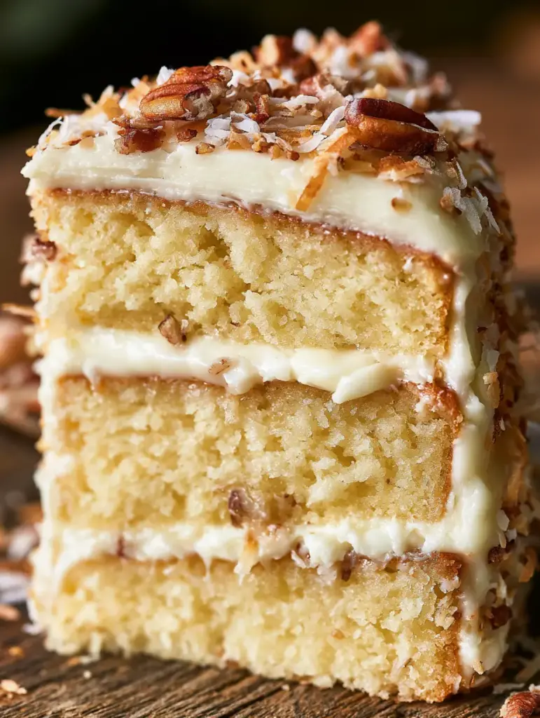 Corte transversal de un pastel de crema italiano mostrando tres capas de bizcocho dorado y glaseado blanco brillante.