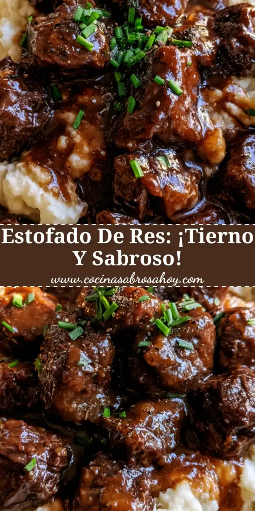 Primer plano de estofado de res con puntas de carne tiernas y gravy oscuro sobre puré de papa blanco decorado con cebollino.