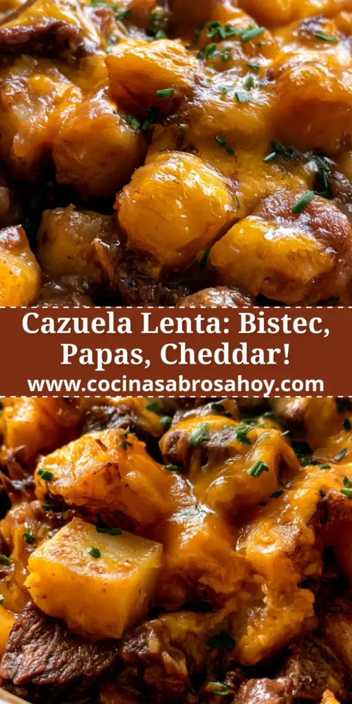 Primer plano de una cazuela bistec y papas burbujeante con queso cheddar fundido y perejil fresco en olla lenta.