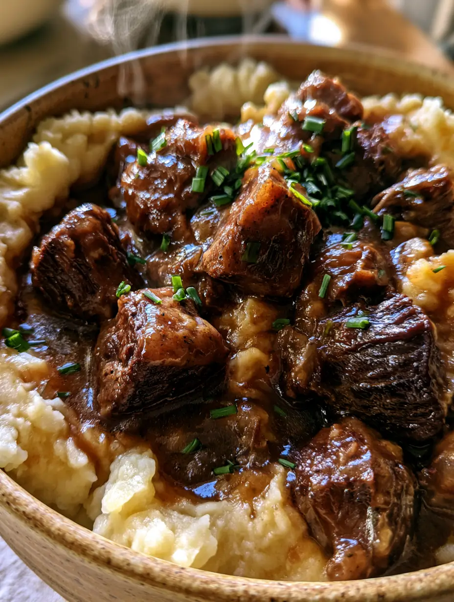 Vista superior de puntas de res caramelizadas sumergidas en salsa marrón espesa sobre puré de patatas.