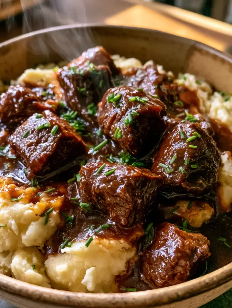 Cuchara de madera sumergiéndose en puntas de res con gravy brillante y puré suave.