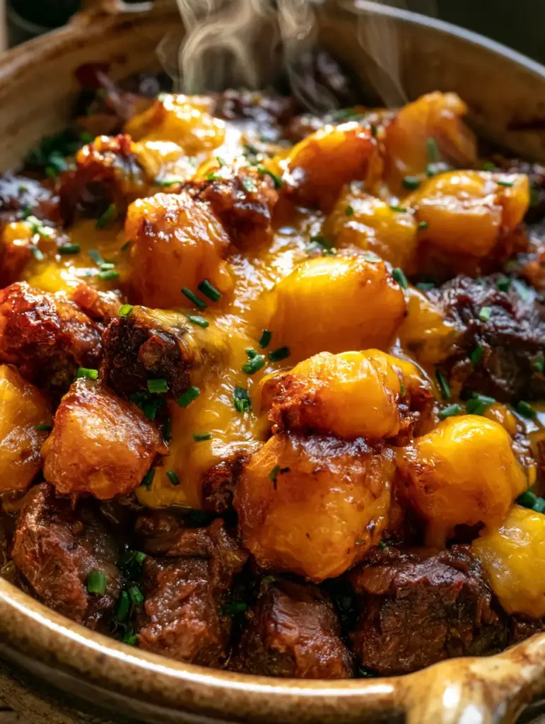 Cazuela bistec y papas con efecto de queso estirado y vapor saliendo del recipiente rústico.