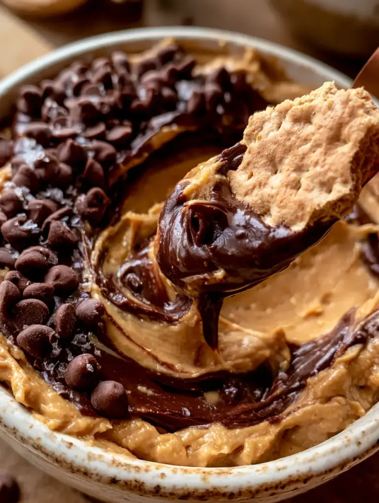Vista cenital de las capas de mantequilla de maní y chocolate en el dip buckeye cacahuete chocolate.