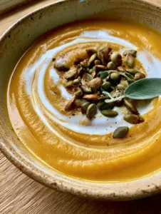 Primer plano de crema de calabaza y jengibre en bol de cerámica, ideal como alimentos suaves cirugía oral.