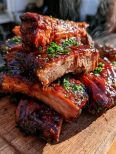 Costillas de cerdo en olla lenta bañadas en salsa barbacoa espesa y brillante con perejil picado. (costillas bbq olla lenta)