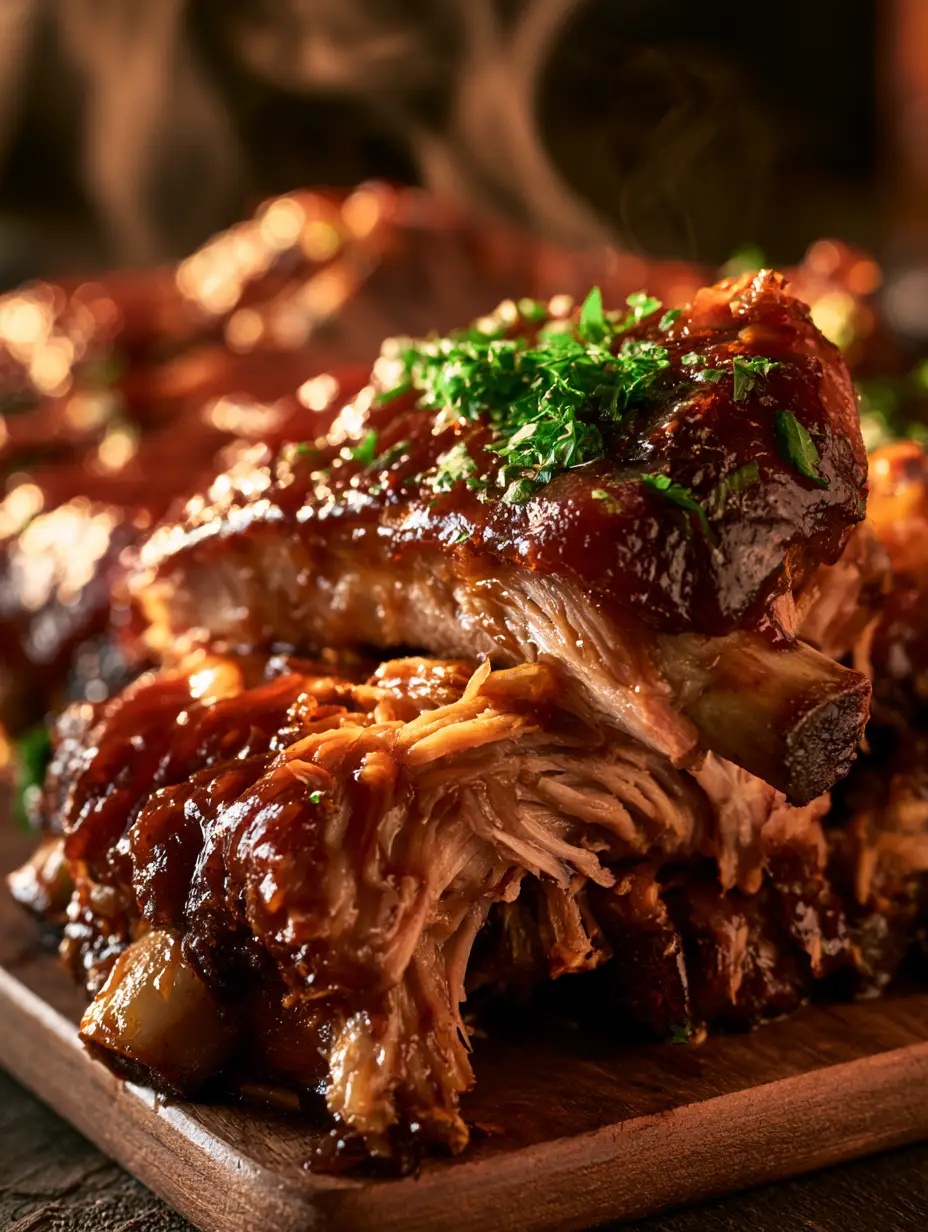 Detalle hiperrealista de la carne de costillas bbq slow cooker separándose del hueso.