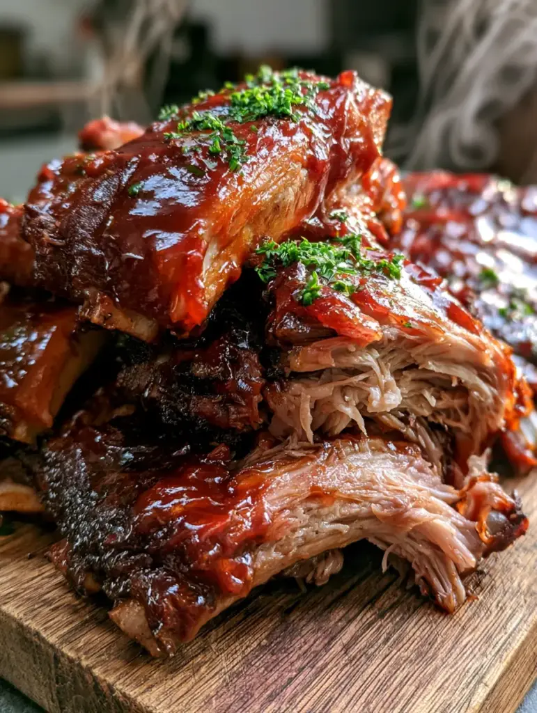 Detalle de la textura de las costillas bbq olla lenta revelando su jugosidad interna y salsa caramelizada.