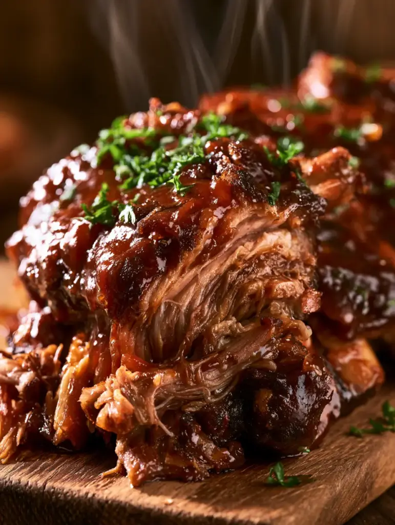 Costillas bbq slow cooker con salsa brillante y cilantro fresco sobre fondo rústico.