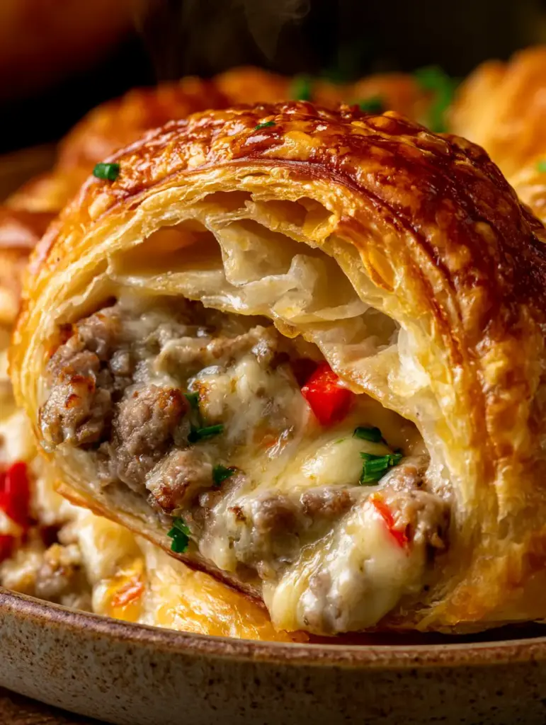 Primer plano macro de un rollito croissant salchicha queso mostrando las capas de hojaldre y el brillo dorado.