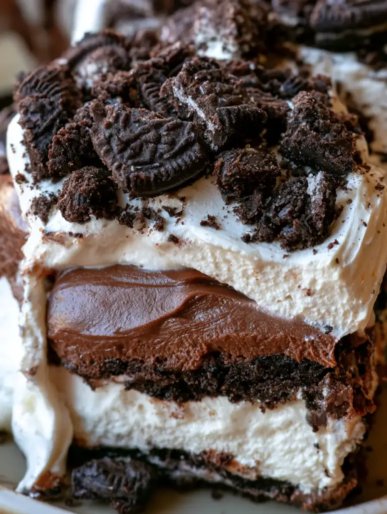 Primer plano macro de las capas de una lasaña de oreo resaltando el brillo del pudín de chocolate.