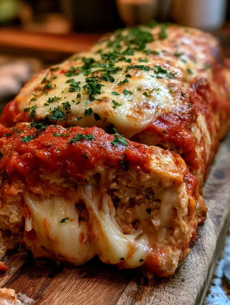 Vista superior de un pastel pollo al parmesano recién horneado con corteza dorada y hierbas frescas.