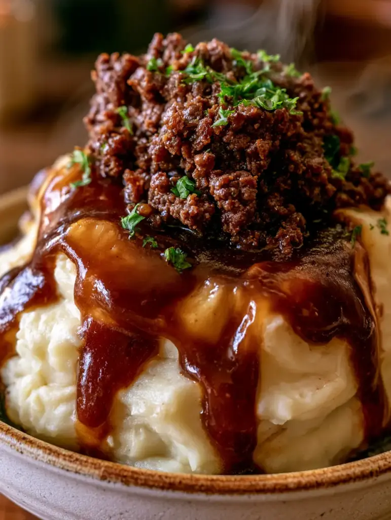 Vista detallada de la carne molida con salsa dorada y el perejil fresco sobre el puré.