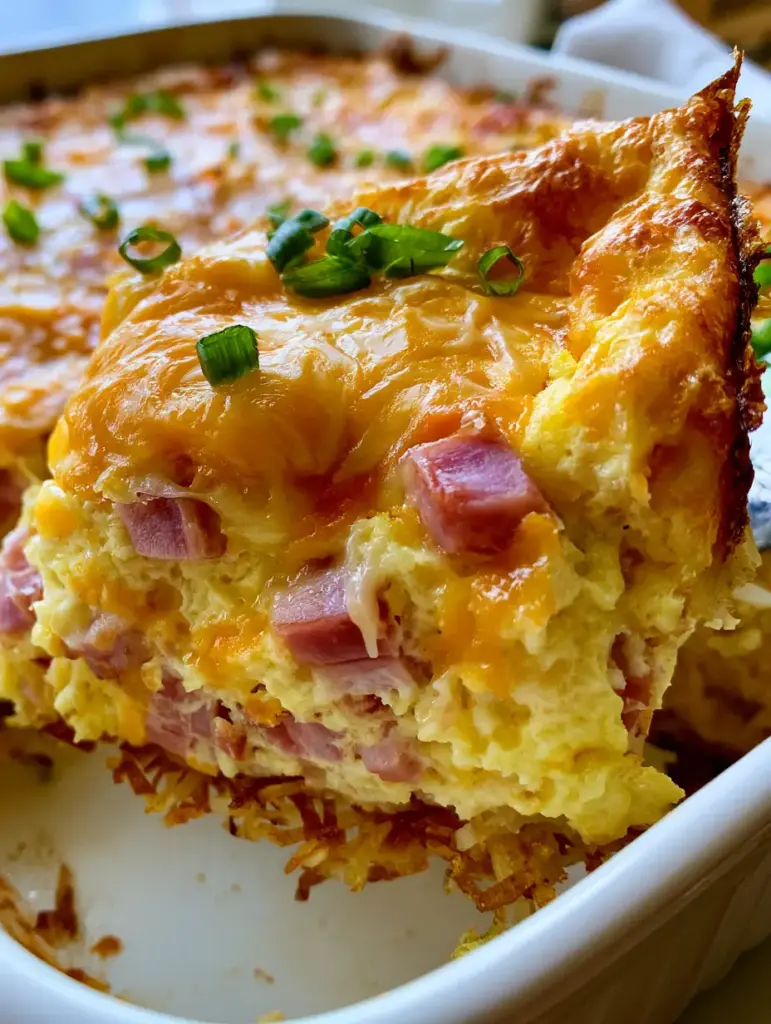 Corte de una porción de cazuela campesina mostrando las capas de papa, huevo, jamón y queso cheddar fundido.
