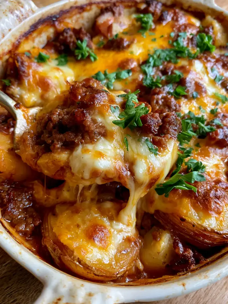 Vista superior de cacerola carne y papas mostrando capas de patatas doradas y queso derretido. (cacerola carne y papas)